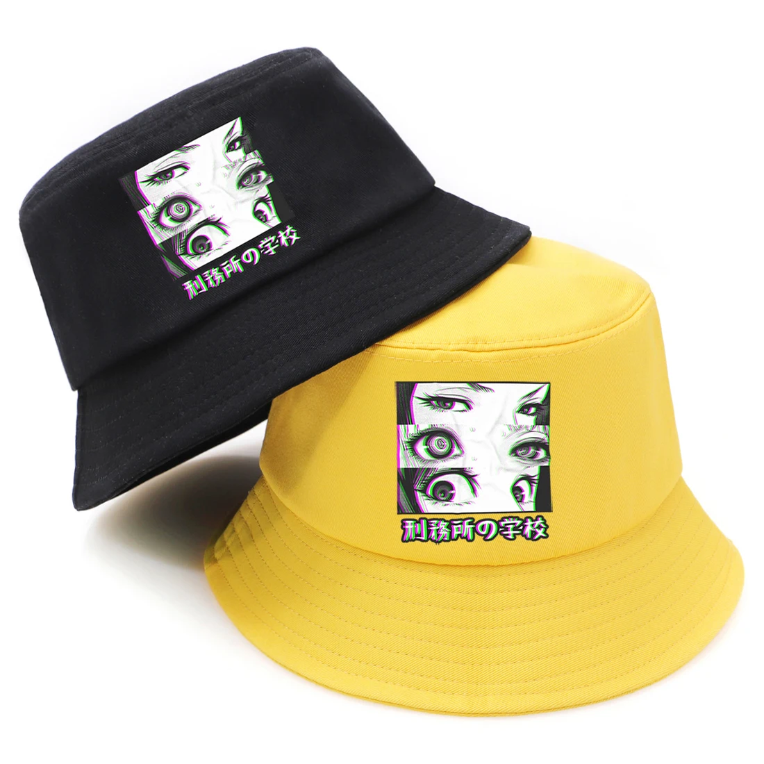 Japan Anime Prison School Eyes Sad Print Panama Bucket Hats Fashion Adult Sunscreen Fisherman Caps 2020 Man Woman Foldable Hats