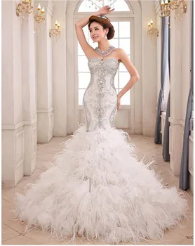 

Luxurious Slim Mermaid Wedding Dresses Bling Bling Crystal Beaded Feather Adorned Formal Bridal Gowns Lace Up Back
