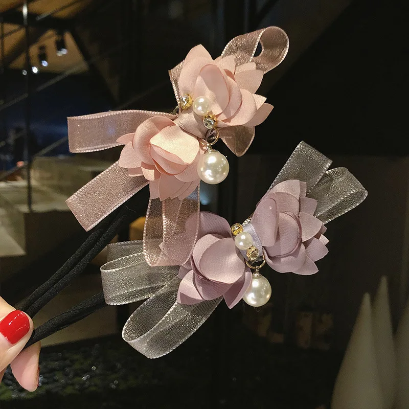 Женский цветочный пончик, жемчужная лента, кружево своими руками, стильные Инструменты для укладки волос, корейские модные аксессуары для завивки волос для девочек
