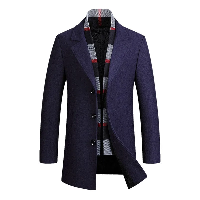 navy blue Зимнее офисное мужское облегающее шерстяное длинное пальто, плотное хлопковое Стеганое теплое шерстяное пальто, деловое Мужское пальто с воротником-шарфом - Цвет: navy blue