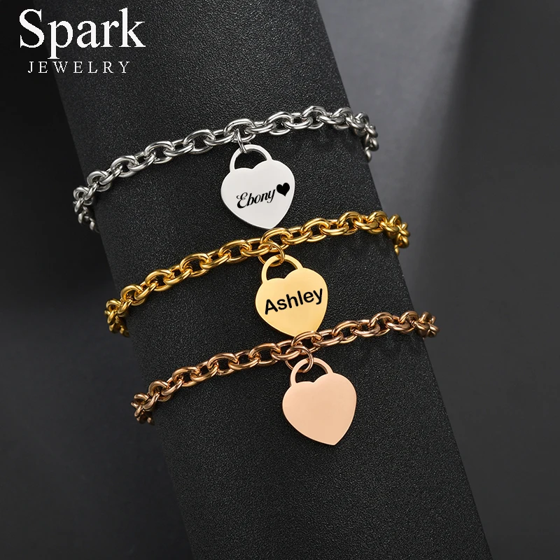 Spark Personalized Stainless Steel Heart Bracelet Pendant for Women Adjustable Link Chain Engrave Name Picture Bracelet Gifts