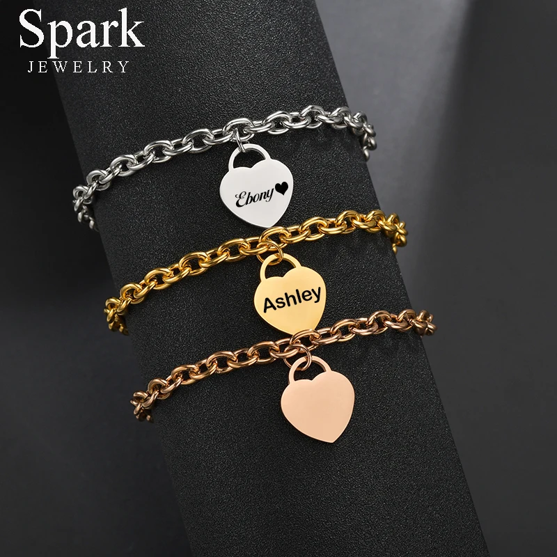 

Spark Personalized Stainless Steel Heart Bracelet Pendant for Women Adjustable Link Chain Engrave Name Picture Bracelet Gifts