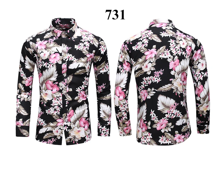 Осень 2019, новая модная мужская рубашка, Повседневная рубашка с длинными рукавами и пуговицами для мужчин, с цветочным принтом розы, рубашки