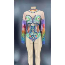 Танцевальный Костюм, разноцветные стразы, бахрома, купальник, Женский костюм на день рождения, выпускной, праздник, наряд, бар, вечерний комбинезон