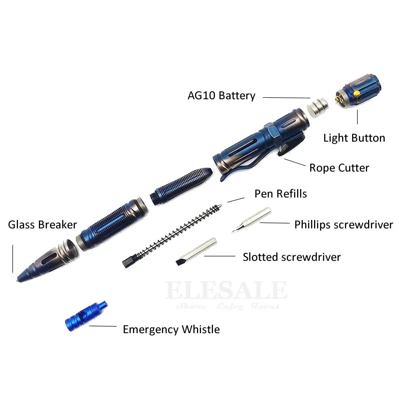Открытый 7-в-1 для повседневного использования, мульти-Функция самообороны тактическая ручка аварийный светодиодный светильник свисток Стекло выключатель выживания оружие