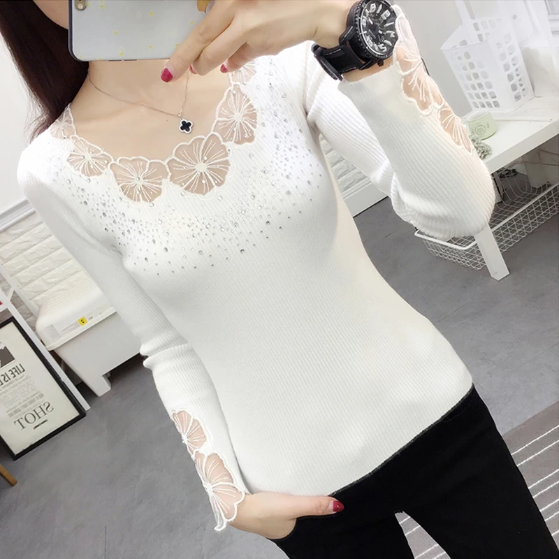 

Lace Spring embroidery O-Neck Rhinestone Pullovers Women Sexy Mesh Hollow out Autumn Sweaters Soft Tops Lady Long Sleeve Jumpers