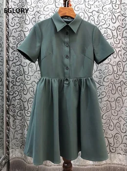 

High Quality New Work Dress 2020 Summer Ladies Turn-down Collar Tunic Buttons Deco Short Sleeve Slim Fit A-Line Basic Dress OL