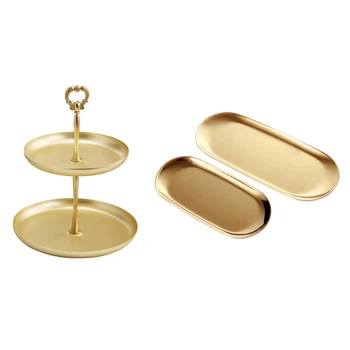 

2 Pcs Gold Oval Stainless Steel Trinket Tray & 1Pcs Two-Tier Gold Jewelry Tray Jewelry Display Tray