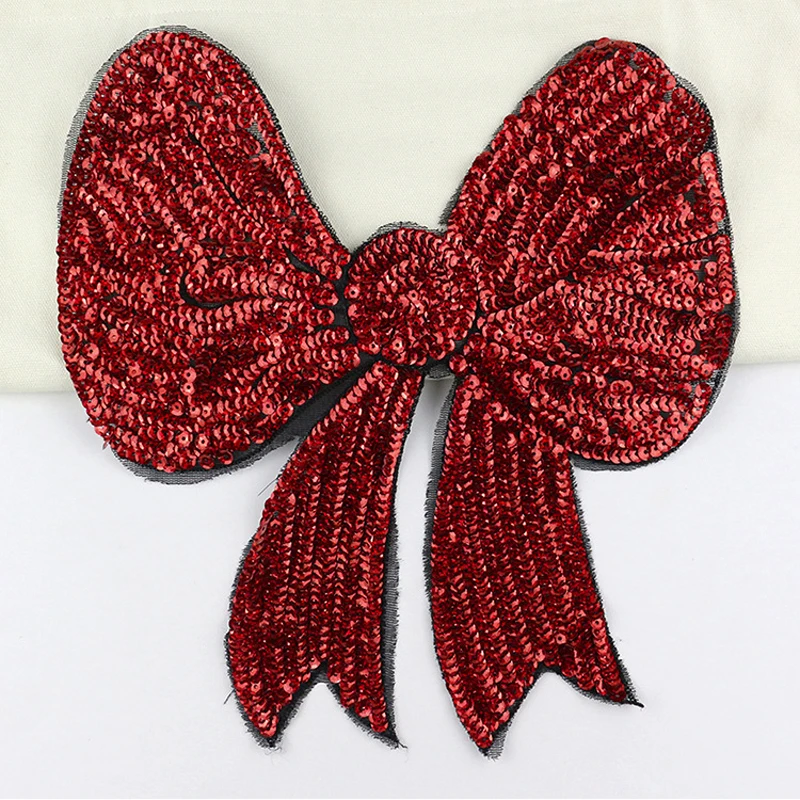 Red White Black Bow Knot Tie Red Sequin Embroidery Iron-on Emblem Patch Applique 