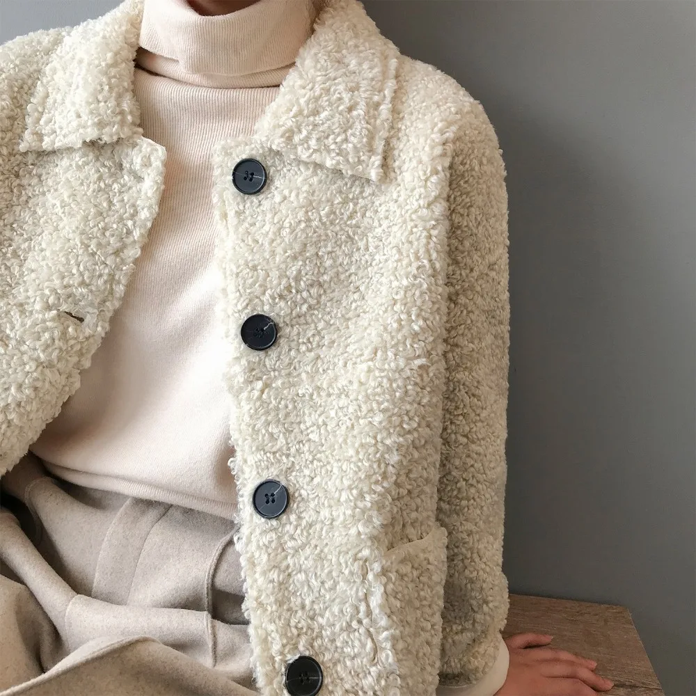 Зимняя теплая куртка Для женщин, бежевый цвет Цвет Однобортный прямые пальто из овечьей шерсти для детей; пальто с карманами