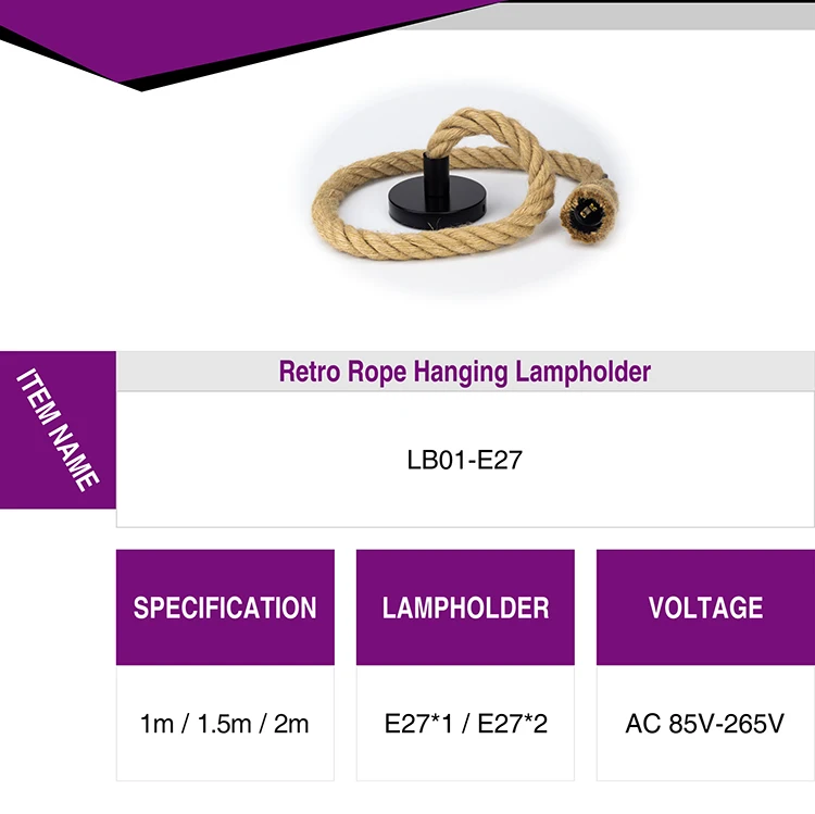 Светодиодный светильник с пеньковой веревкой E27, держатель лампы 1 м 2 м, AC85V-265V Плетеный материал, прочный костюм, лампочки Эдисона для винтажных кафе ресторанов