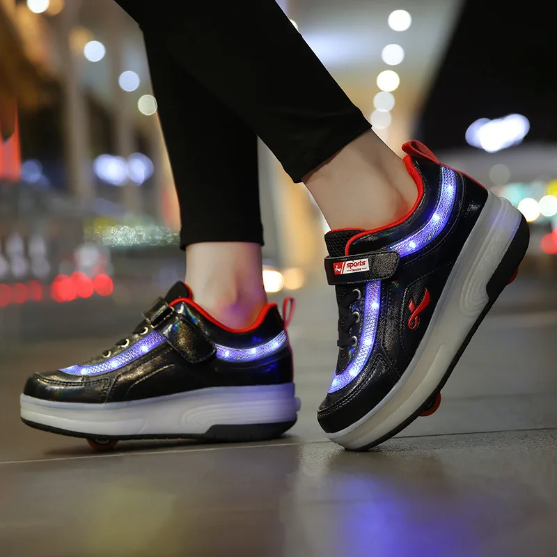  Children One Two Wheels Luminous Glowing Sneakers Gold Pink Led Light Roller Skate Shoes Kids Led S - 4000340638782