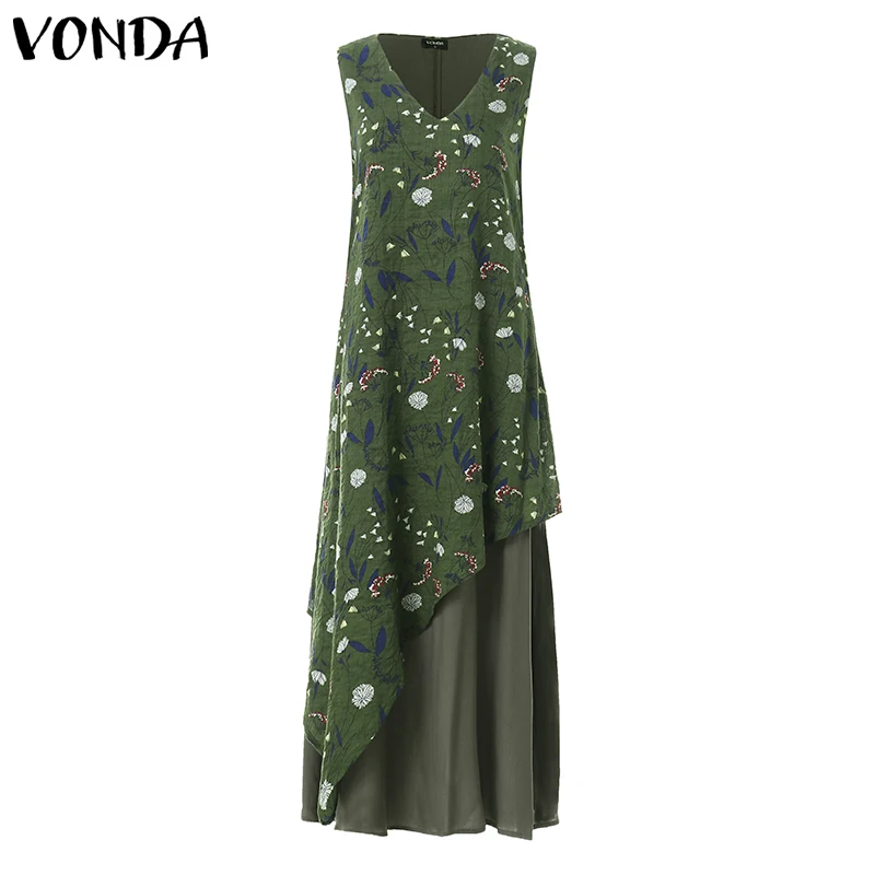 VONDA/летнее платье большого размера, женское богемное летнее платье, сексуальное необычное без рукавов, макси длинное платье, винтажное платье с принтом - Цвет: Green