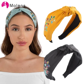 

MOLANS New Rhinestones Knot Headbands Solid Satin Colors Floral Hairbands for Women Wide Hair Hoops Top Knotted Girls Hedabands