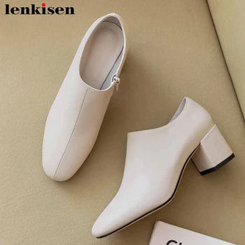 

Lenkisen hot genuine leather concise brand fashion round toe high heels dress basic women daily wear solid side Zipper pumps L29