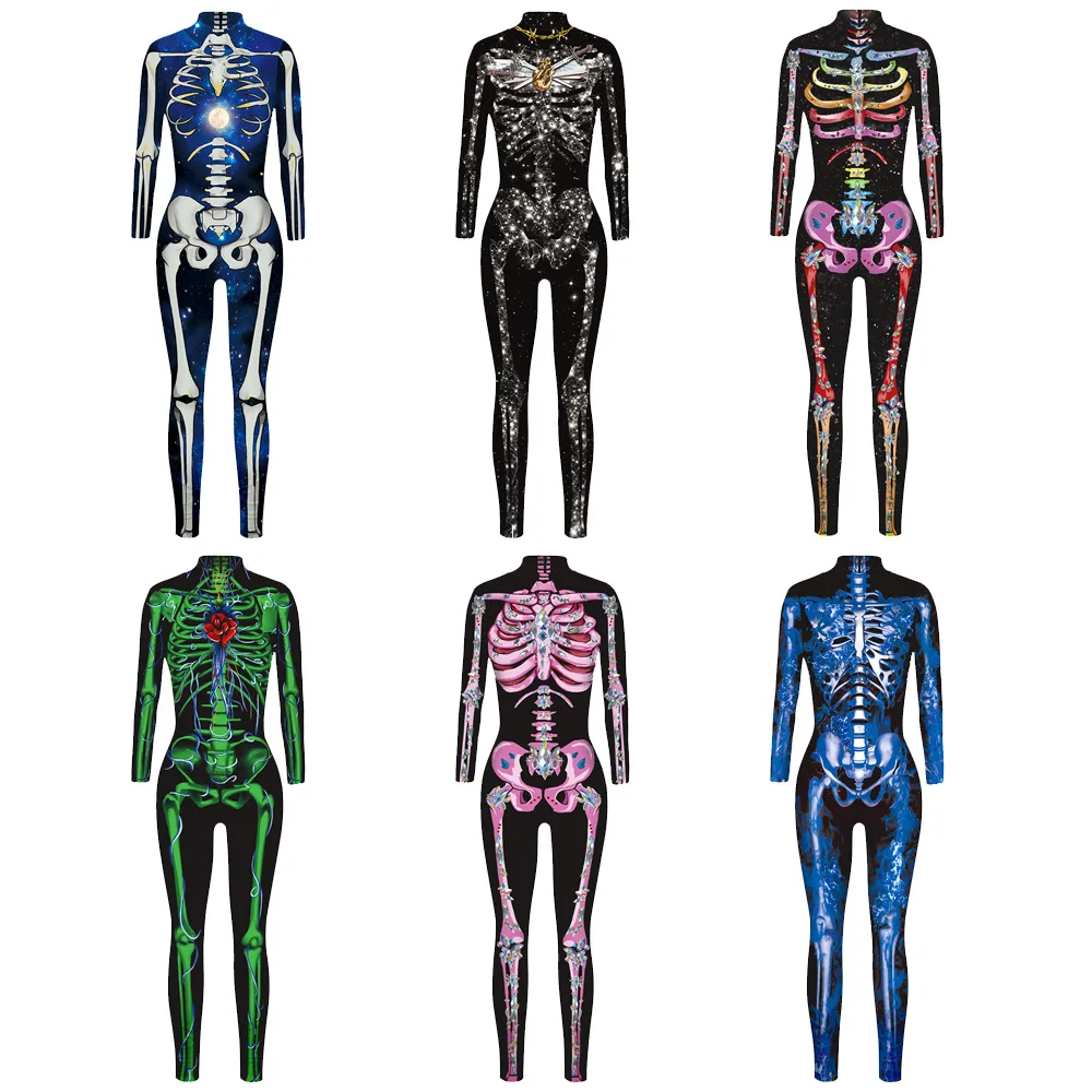 

Women Purim Carnival Superhero Cosplay Costumes Adult Costume Catsuit Skull Bodysuit Halloween Role Play Jumpsuit