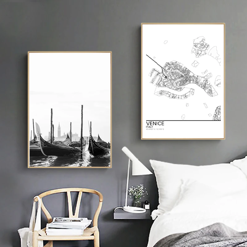 Black-White-Venice-City-View-Photo-Poster-Print-Italy-Travel-Gift-Venice-Map-Canvas-Painting-Wall