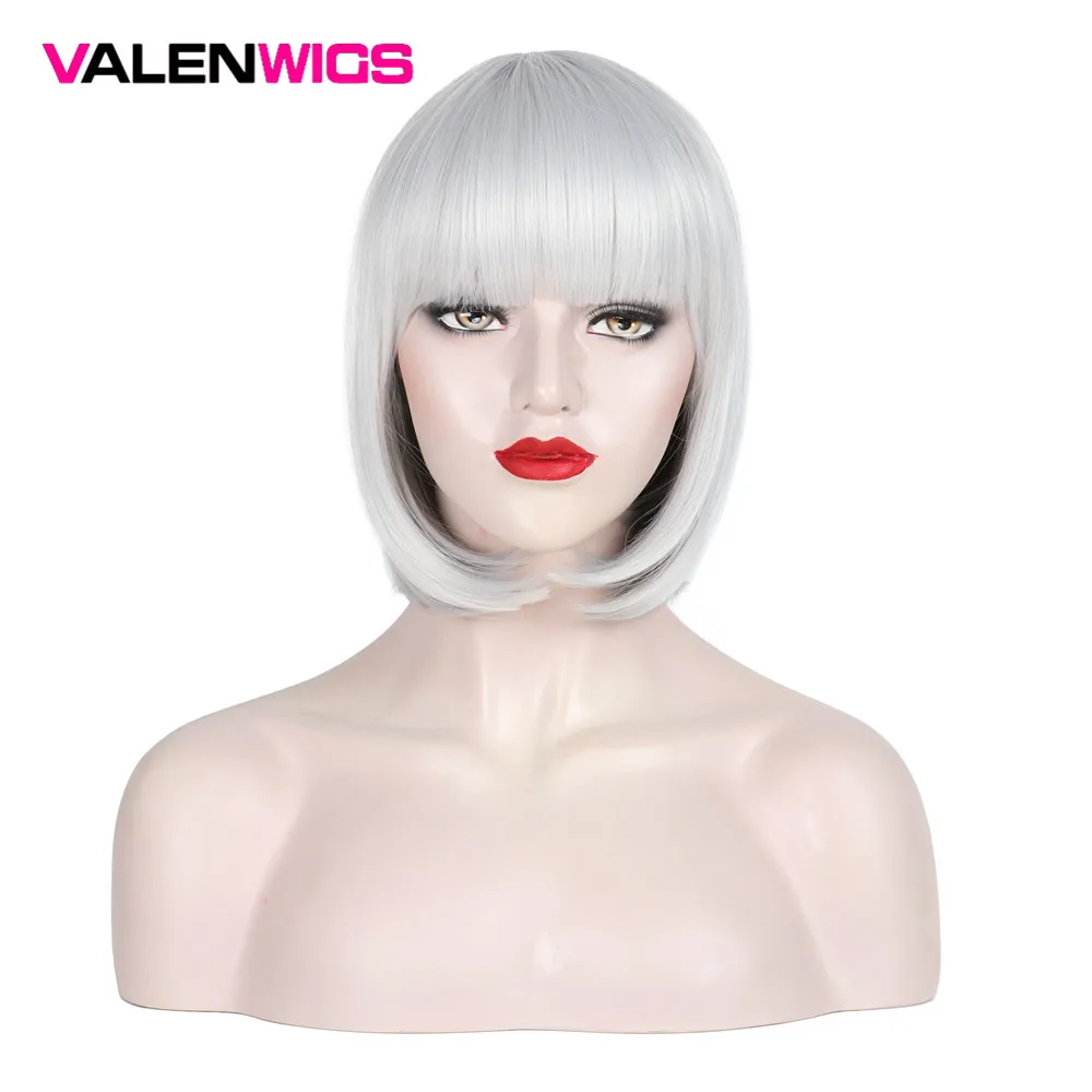 

Valenwigs Short Bob Hair Wigs Straight with Flat Bangs Synthetic Hair Cosplay Daily Party Wig Silver Gray Natural As Real Hair