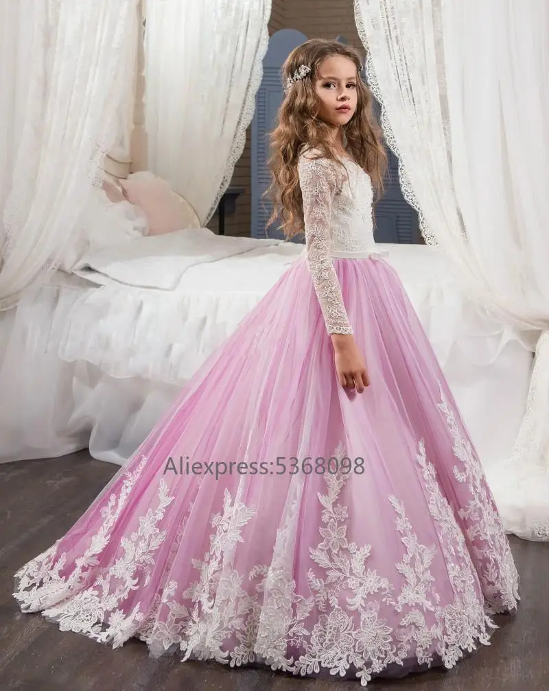 Pageant Formal Tulle Lace Long Sleeve Custom TUTU Cute Pink Flower Girl Dress Ball Gown Floor Length Little Kids Party Birthday - Цвет: as picture
