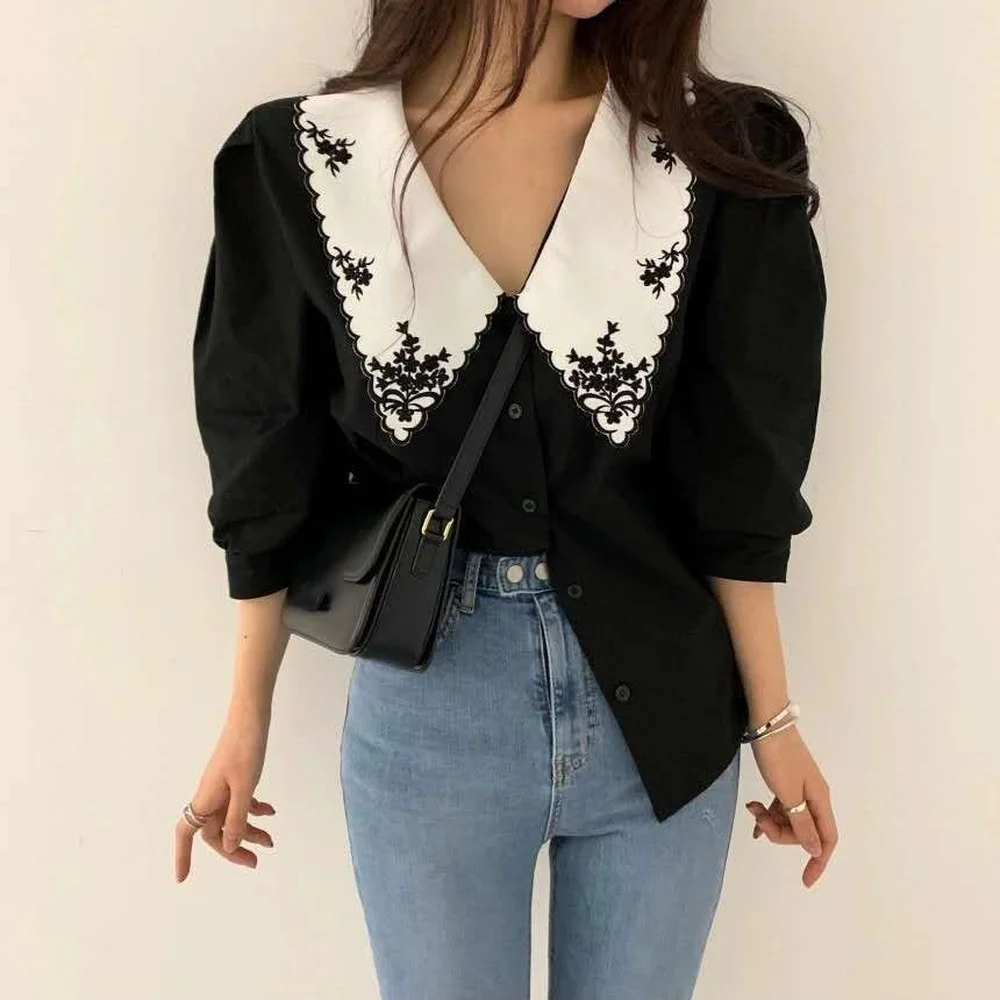 Blusa informal de chifón estilo coreano para mujer, camisa elegante suelto estilo bordado Retro, Color liso, 2021