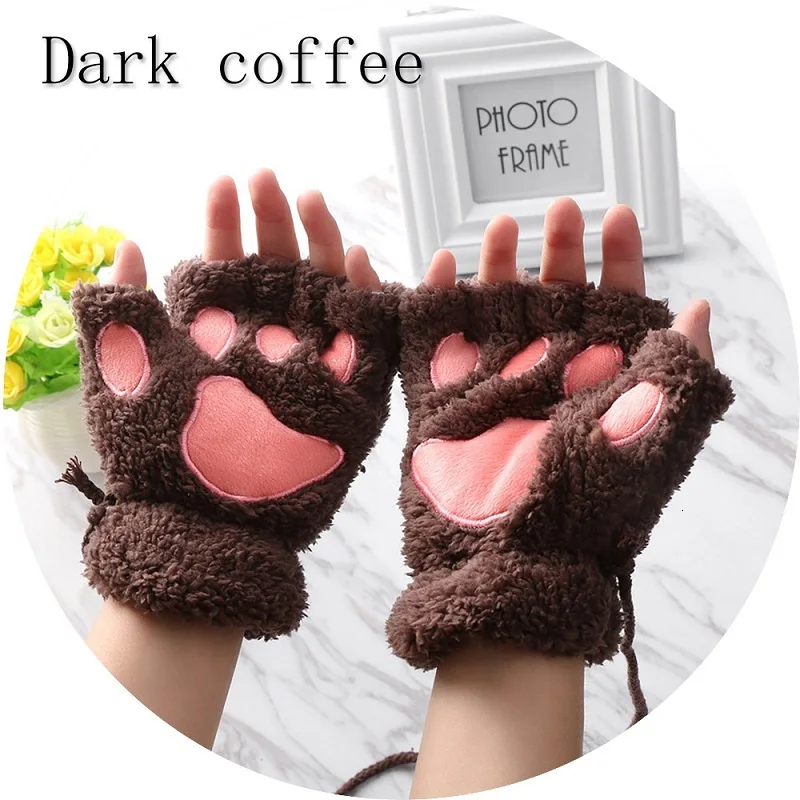 dark coffee Зимние женские перчатки милые теплые перчатки без пальцев пушистый медведь кошка плюшевая лапа коготь Половина пальца Luva Peluche Modis Eldiven - Цвет: dark coffee