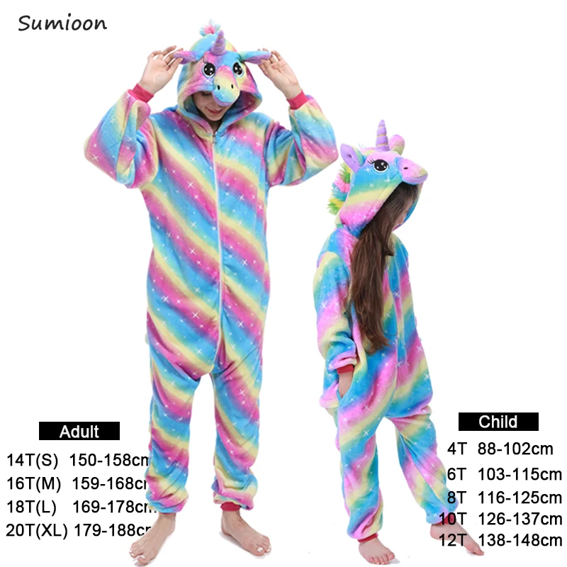 Rainbow Star Unicorn Зимние пижамы кигуруми, единорог для детей, пижамы для маленьких девочек, детская одежда для сна, животные, панда, единорог, комбинезон для взрослых - Color: Rainbow Star Unicorn