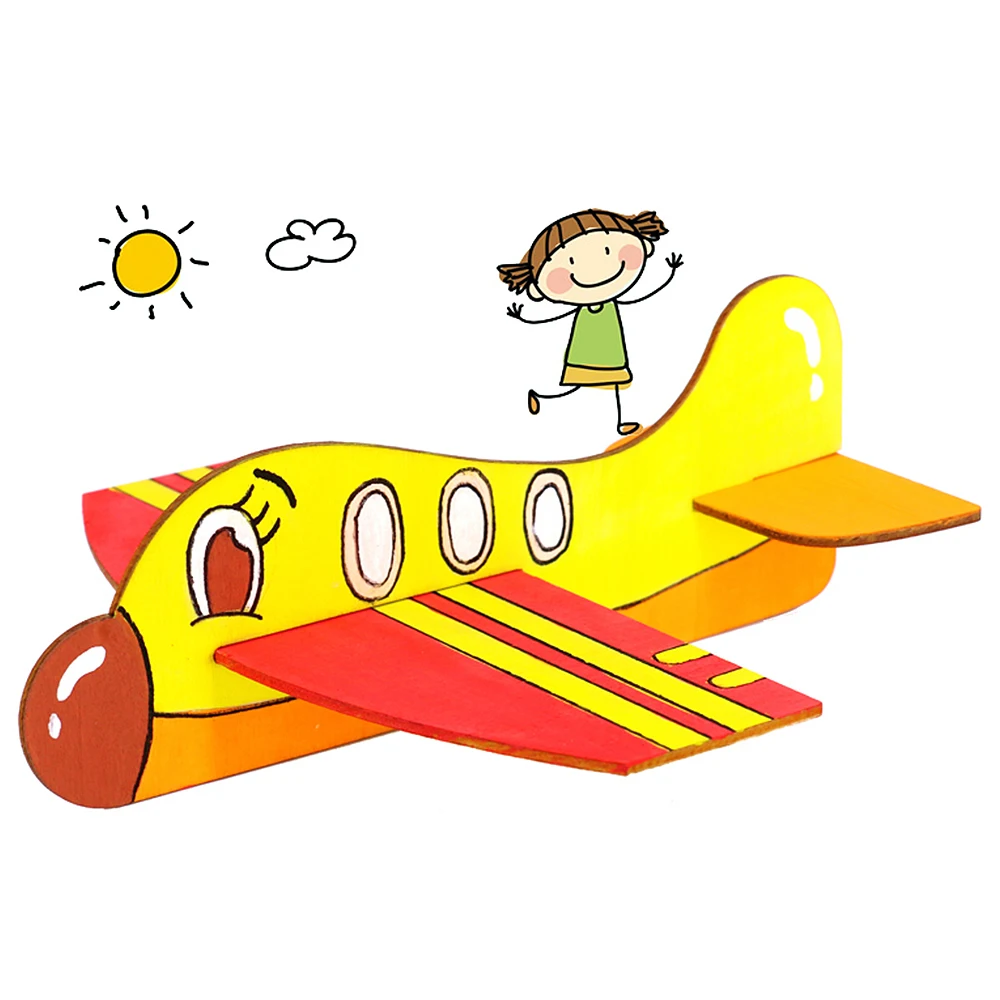 DIY Craft Wooden Plane Model Kindergarten Painting Kid Blank Puzzle Toys Set HZ 