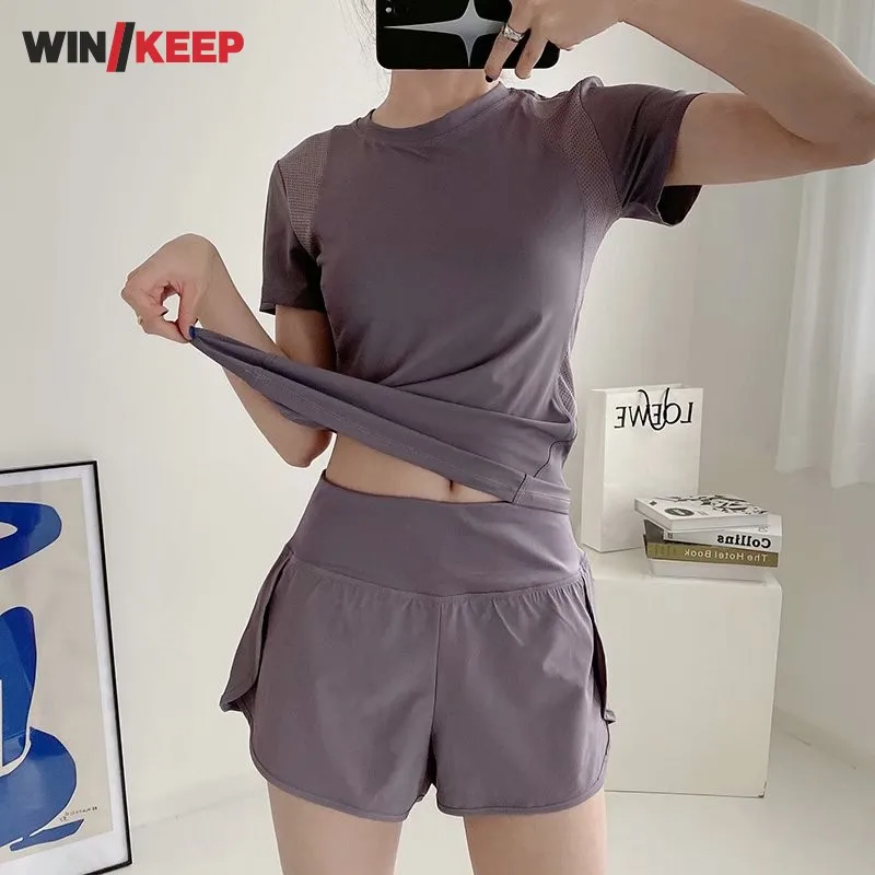 

Summer Breathable Quick Dry Women Running Sport Yoga Gym Fitness Suit Solid Color T Shirt Shorts Two Piece Set Female Sportswear