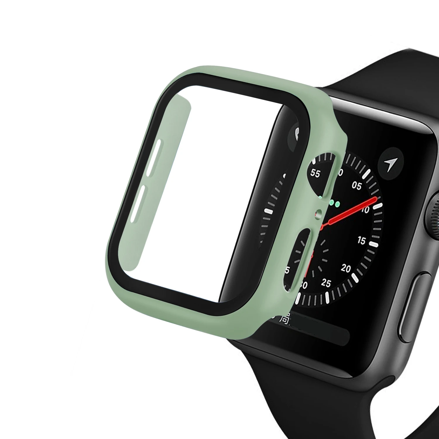 Полное покрытие для Apple Watch серии 5 4 3 2 матовый пластиковый бампер жесткий чехол рамка со стеклянной пленкой для iWatch защита экрана - Цвет: 橄榄绿