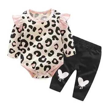 

Children's baggy khaki hot style hair band leopard print cute fly sleeve girl suit cute baby girl clothes bodysuit clothes