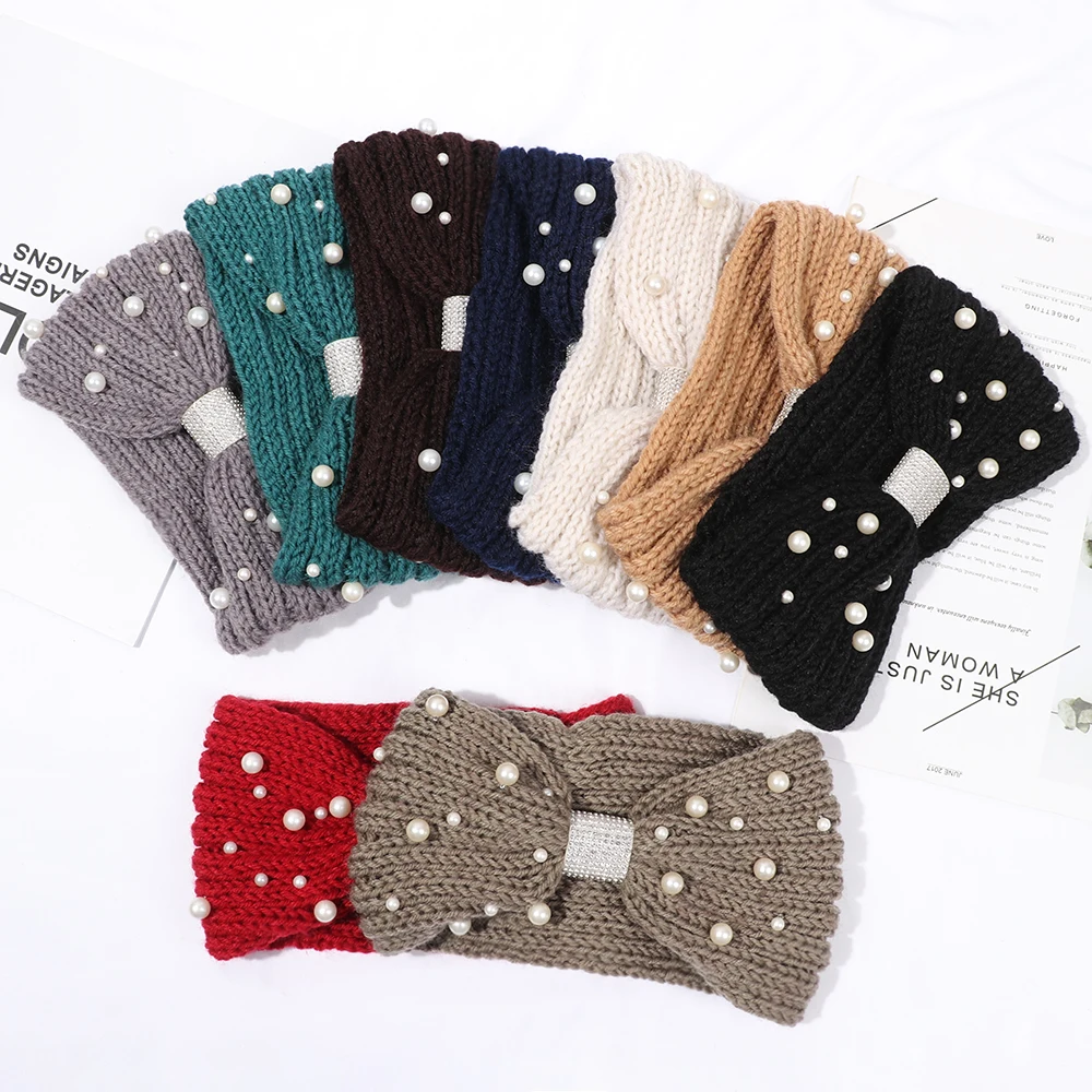 

1 шт. модные зимние жемчужные повязки на голову, Женский вязаный головной убор для девочек, обогреватель для ушей, мягкие трикотажные головные повязки, Лидер продаж