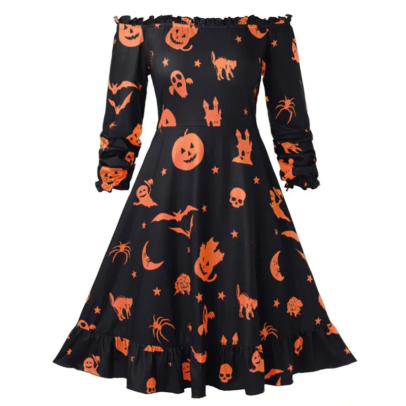 Женское платье на Хэллоуин, большие размеры, многоцветная Новинка, с открытыми плечами, с принтом тыквы, винтажное платье на Хэллоуин, с жилетом, 2 предмета, 5