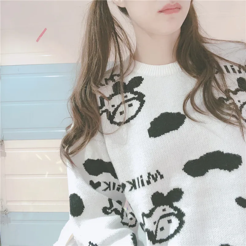 Женский милый жаккардовый Ulzzang свитер с коровой, японский стиль, мягкий свитер для девушек, студентов, белый, черный, Kawaii, вязаные топы, пуловеры