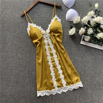

Female Sexy Lingerie V Neck Sling Lace Nightdress Sleepwear Sling Women Nightgown Temptation Babydoll Silk Night Dress