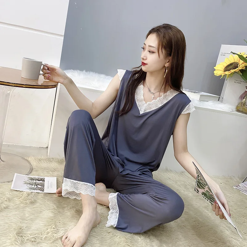 

Комплект пижамный женский из двух предметов, размеры XXL, 3XL, без рукавов, с V-образным вырезом, лето размера плюс