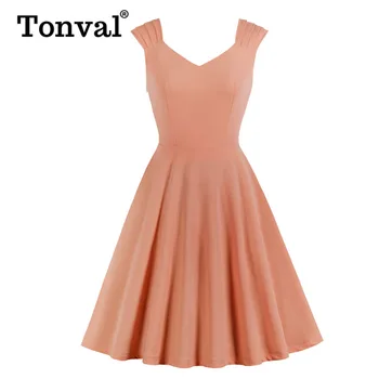 

Tonval Pink Solid Ruched Shoulder A Line Casual Summer Swing Dress Women Sleeveless High Waist Skater Dresses