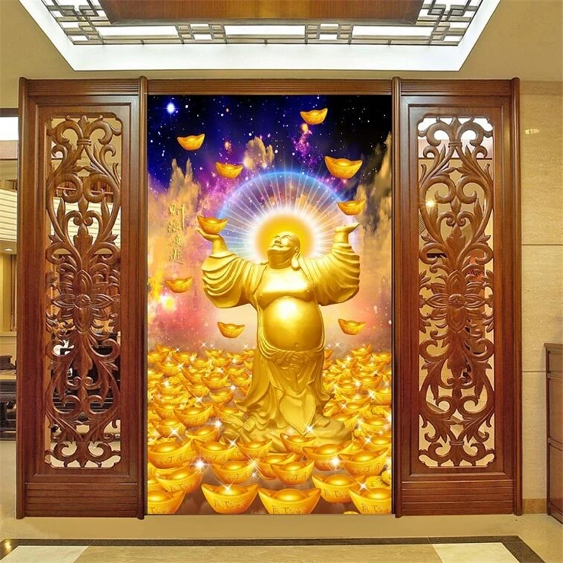 

Drop Shipping Custom Wallpaper 3D Photo Murals Fortune Maitreya Buddha Chinese Glazed Chinese Entrance Wallpaper 3d Papel De