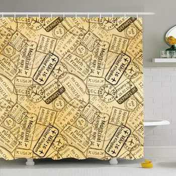 

Shower Curtain Set with Hooks 60x72 Many Black International Travel Visa Vintage Rubber Airplane Destinations Transportation