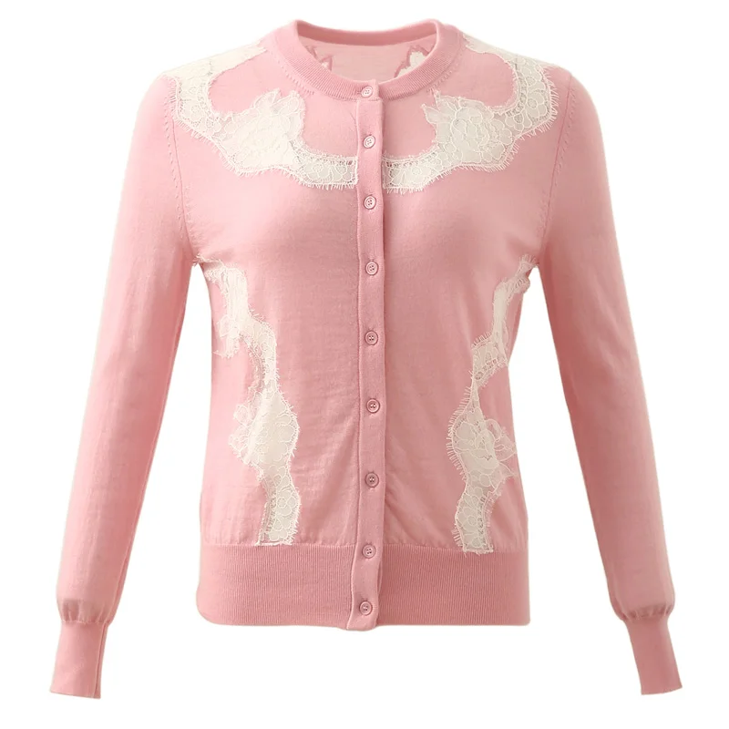 

Goodlishowsi Autumn Casual Women Thin Sweaters Pink Black 2 Colors O-Neck Lace Patchwork Cardigans Coat Tops Ladies Shrug