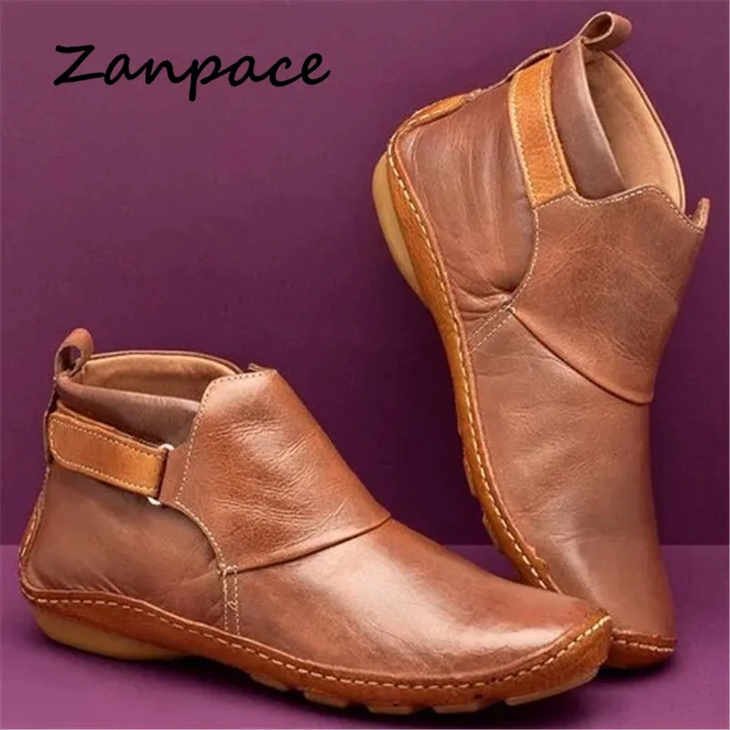 

ZANPACE Leather Ankle Boots for Women Retro Flat Wear-resistant Non-slip Women Shoes Short Plush Hook & Loop Ladies Botas Mujer