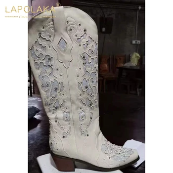 

Lapolaka Brand New 2020 Pattern Carving Boots Woman Shoes Slip On Retro Strange Style Vintage Heels Spring Autumn Boots Female