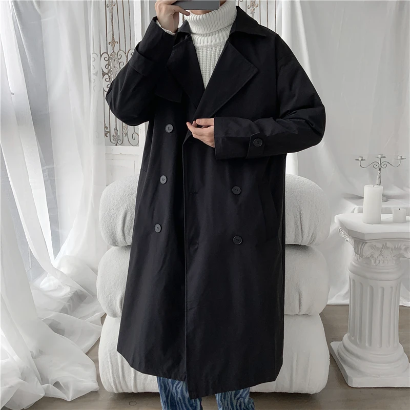 Extra long Hooded jean trench coat for men Black Loose Zipper Punk rock  Hiphop Denim outerwear Autumn Winter