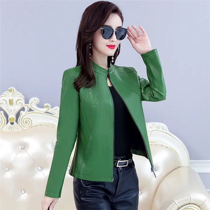 Plus Size Women's Washed PU Leather Jacket Short Full Sleeve Standing Collar Zipper Motorcycle Coat Lady Basic Jacket W1126 - Цвет: Green