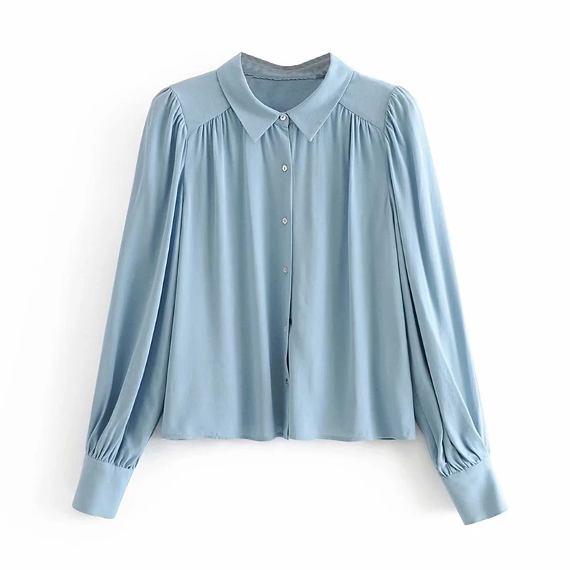 Women Elegant Casual Solid Blouses Long Sleeve Stylish Pleated Blue Blouse Ladies Office Turn Down Collar Shirt Tops