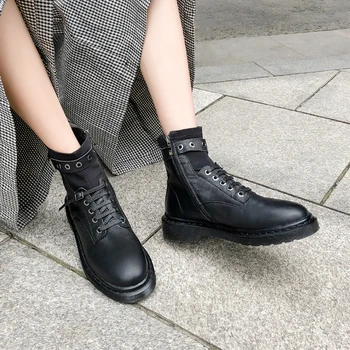 

2020 genuine Leather Women's Ankle Boots Autumn Winter Cross Tied Round Toe Thick low Heels boots Party Working Shoes Woman