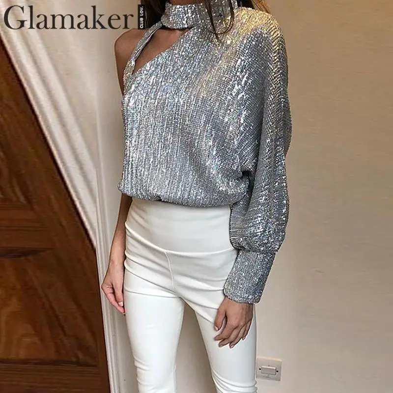 Glamaker, на одно плечо, с высоким воротником, блузка с блестками, для женщин, с длинным рукавом, с блестками, открытая, Элегантная блузка, Осень-зима, Сексуальная Блузка