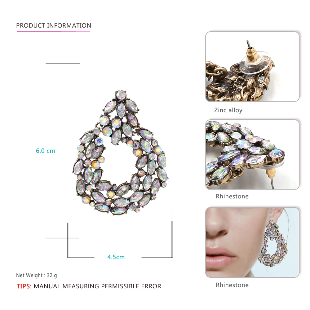 Vodeshanliwen ZA AB Colour Crystal Earrings For Women Fashion Rhinestone Dangle Drop Earrings Vintage Accessory