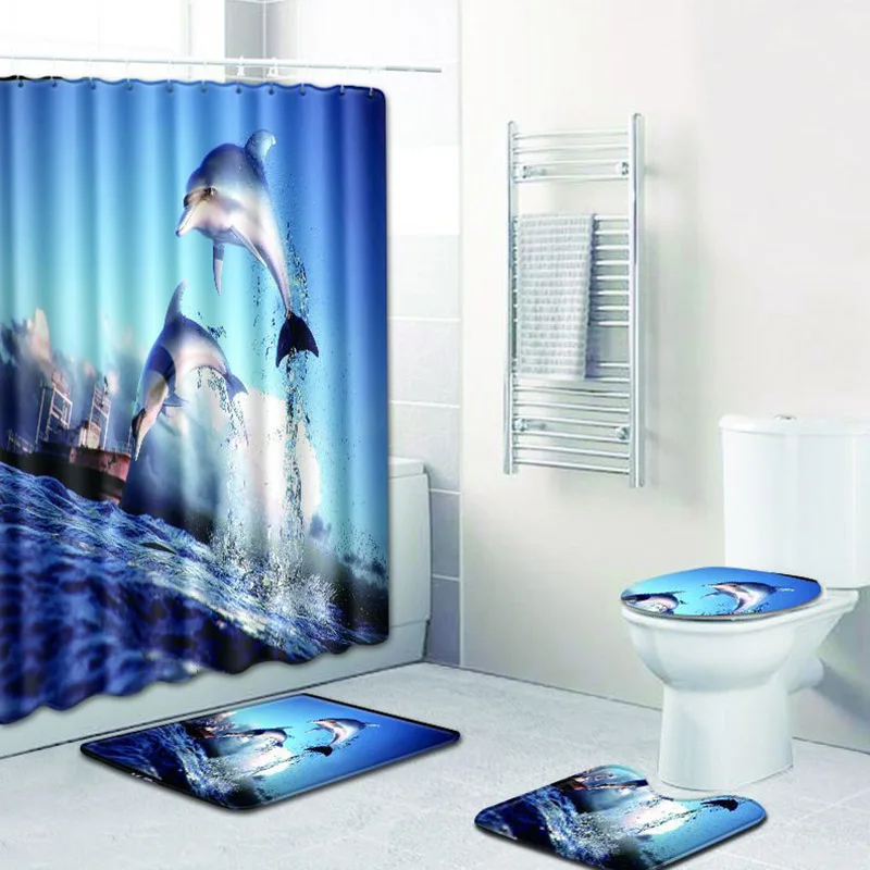 

Ocean Dolphin 3D Print Shower Curtain Polyester Waterproof Fabric Bath Curtain Pedestal Rug Lid Toilet Cover Bath Mat Bathroom