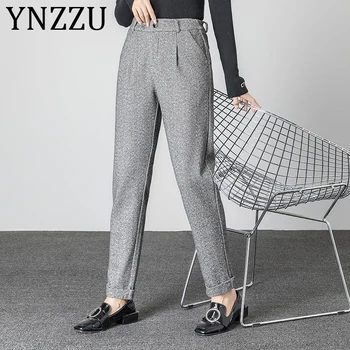 

YNZZU High Quality Casual Women Wool Pants 2019 Autumn Winter Khaki High Waist Zipper Fly Female Harem Pants Plus Size AB222