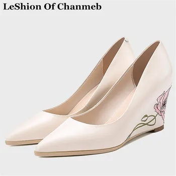 

new printing flower wedges pumps shoes women pointed toe black slip ons high heels ladies size 33-42 shoes wedge spring footwear